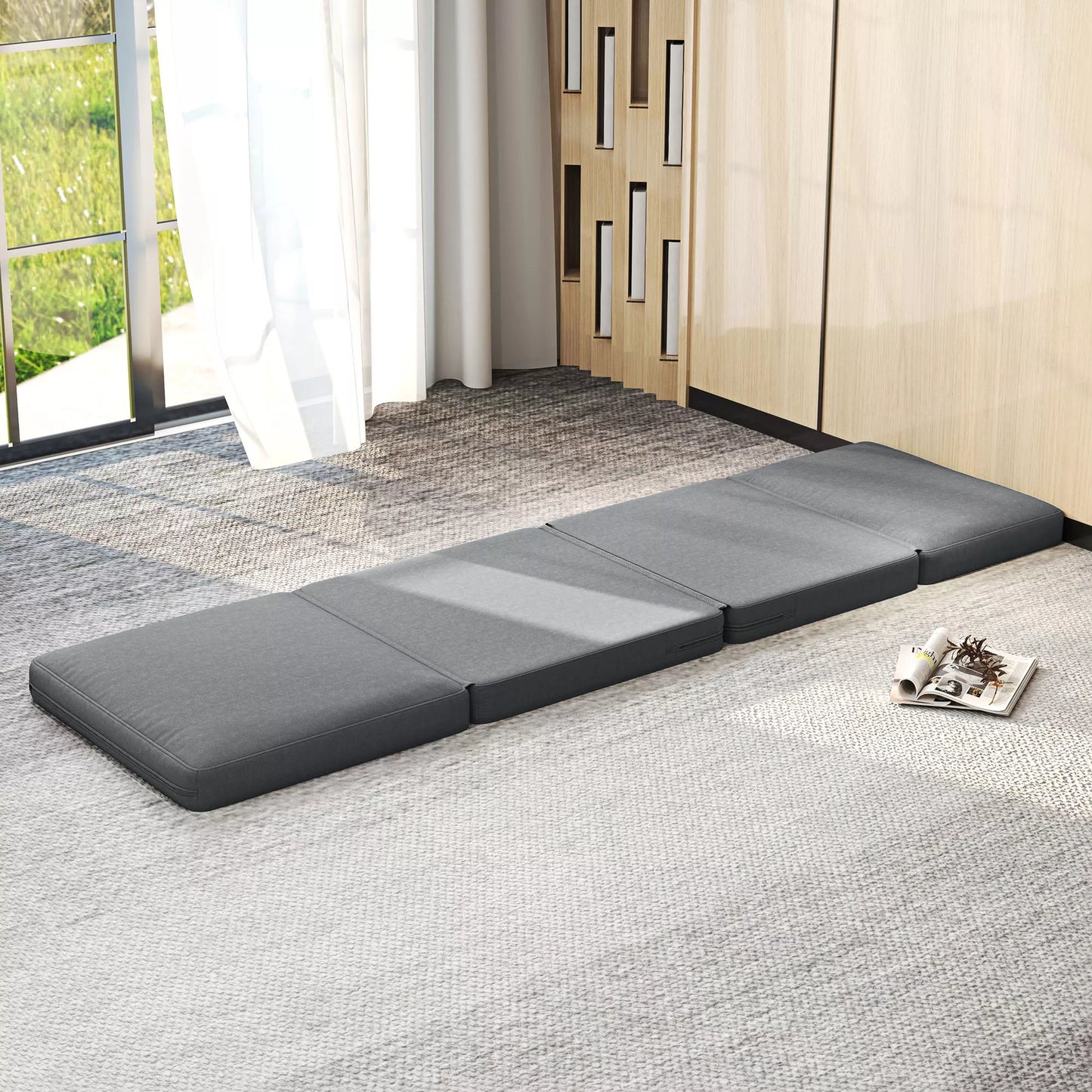 Sulankstoma grindų kėdė su pagalvėle, transformuojama minkšta sofa, svetainei, svečių kambariui, biurui, 75 x 268 x 18 cm, tamsiai pilka