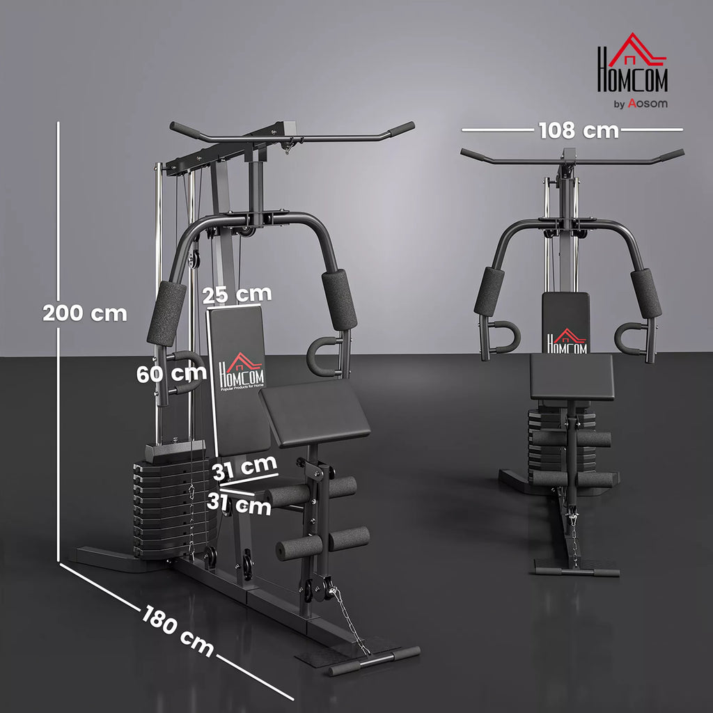 Jėgos treniruoklis su 45 kg svorio bloku, 180 x 108 x 200 cm, plieninis, juodos spalvos