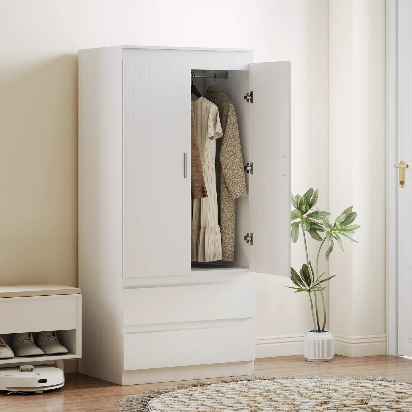 Miegamojo drabužinė su 2 durimis, 2 stalčiais, 3 skyreliais, mediena, balta