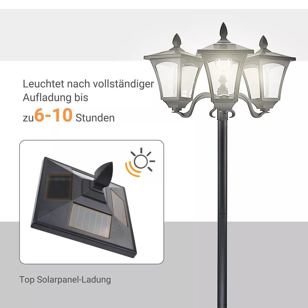 Saulės energija maitinamas sodo žibintas su 3 liepsnomis Žibintas iš nerūdijančio plieno Saulės energija maitinamas žibintas su LED 120 liumenų 51,5x47x182,5 cm Takų apšvietimas IP44 sodui, balkonui Juodas