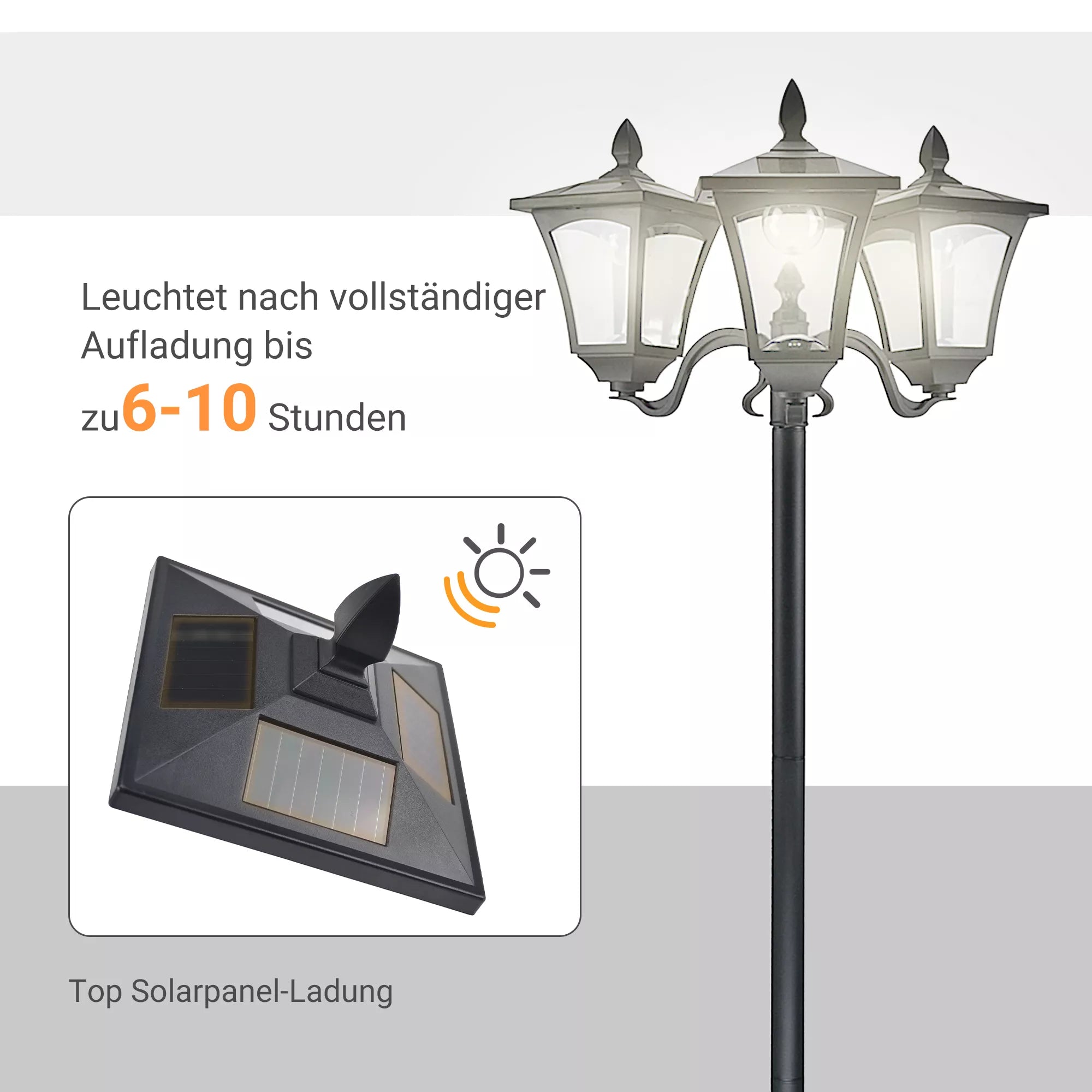 Saulės energija maitinamas sodo žibintas su 3 liepsnomis Žibintas iš nerūdijančio plieno Saulės energija maitinamas žibintas su LED 120 liumenų 51,5x47x182,5 cm Takų apšvietimas IP44 sodui, balkonui Juodas