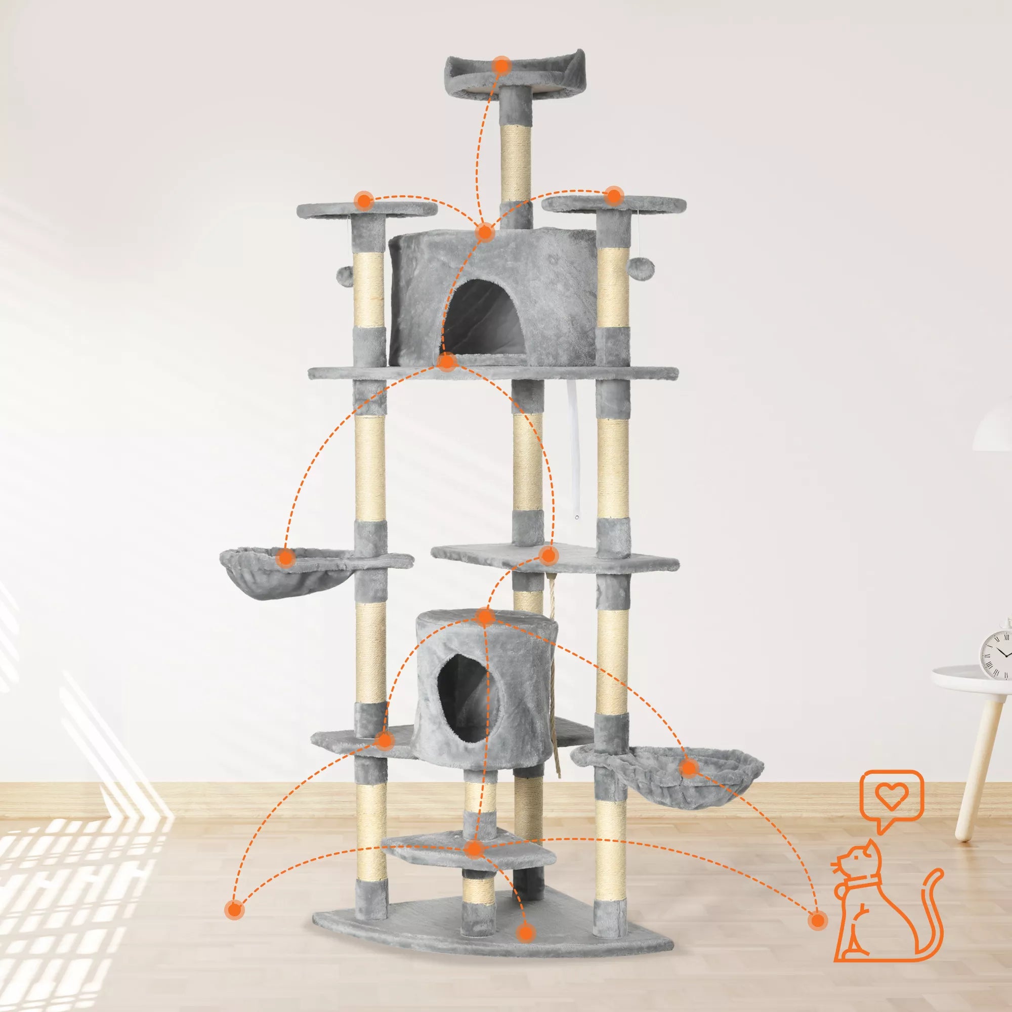 Kratas su 2 hamakais ir 2 kačių urvais, įskaitant žaislus Pliušinis sizalio virvė Šviesiai pilka