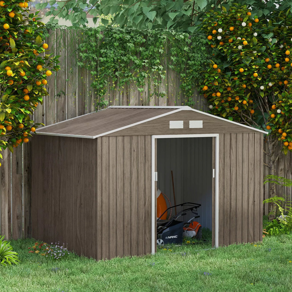 Įrankių sandėliukas, 2 stumdomos durys, 4 langai, atsparus atmosferos poveikiui, metalinis korpusas, 2,7 x 1,9 x 1,9 m, rudos spalvos