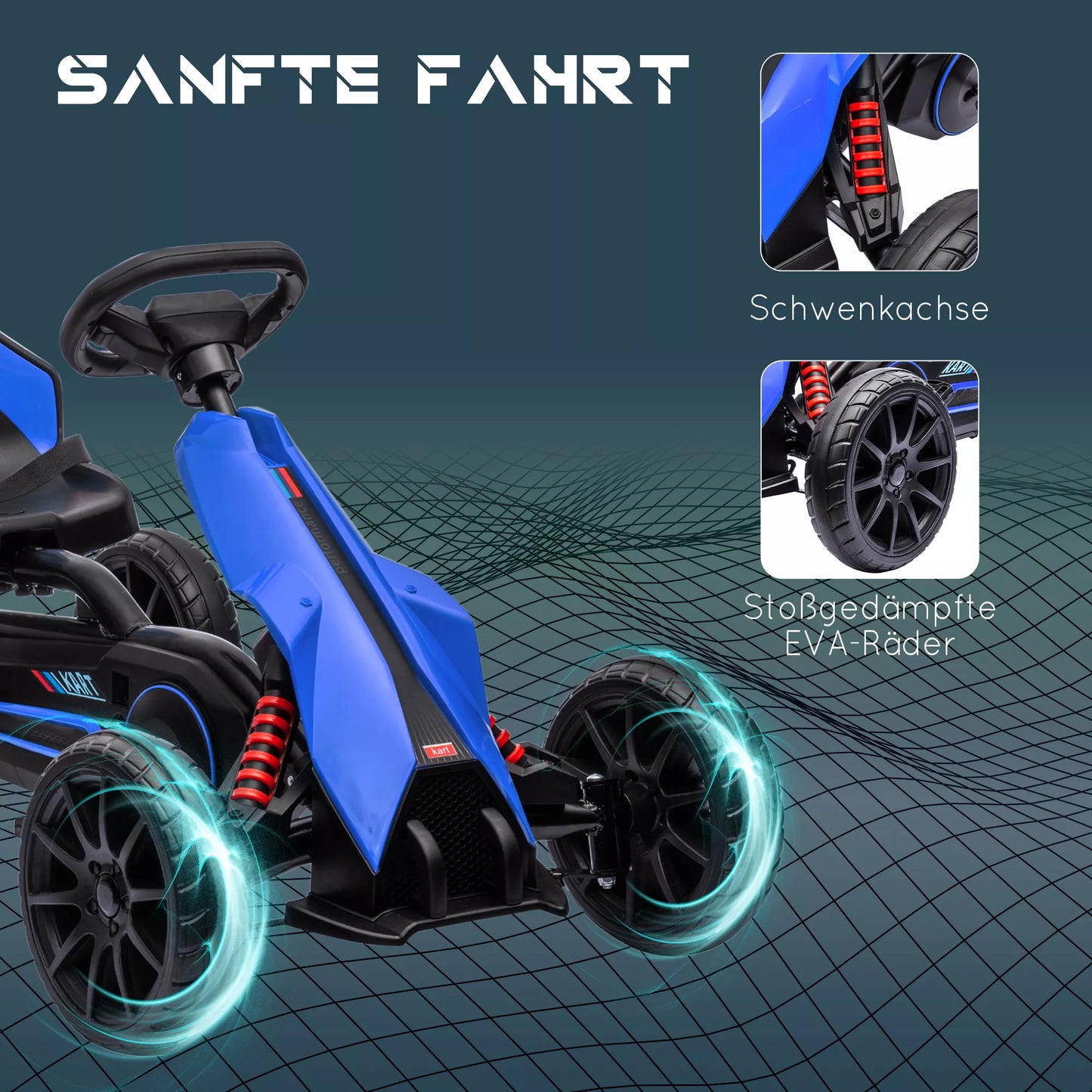 Go Kart Pedal Go Kart atbulinė ir priekinė pavaros, vaikams nuo 3 iki 8 metų, mėlynos spalvos