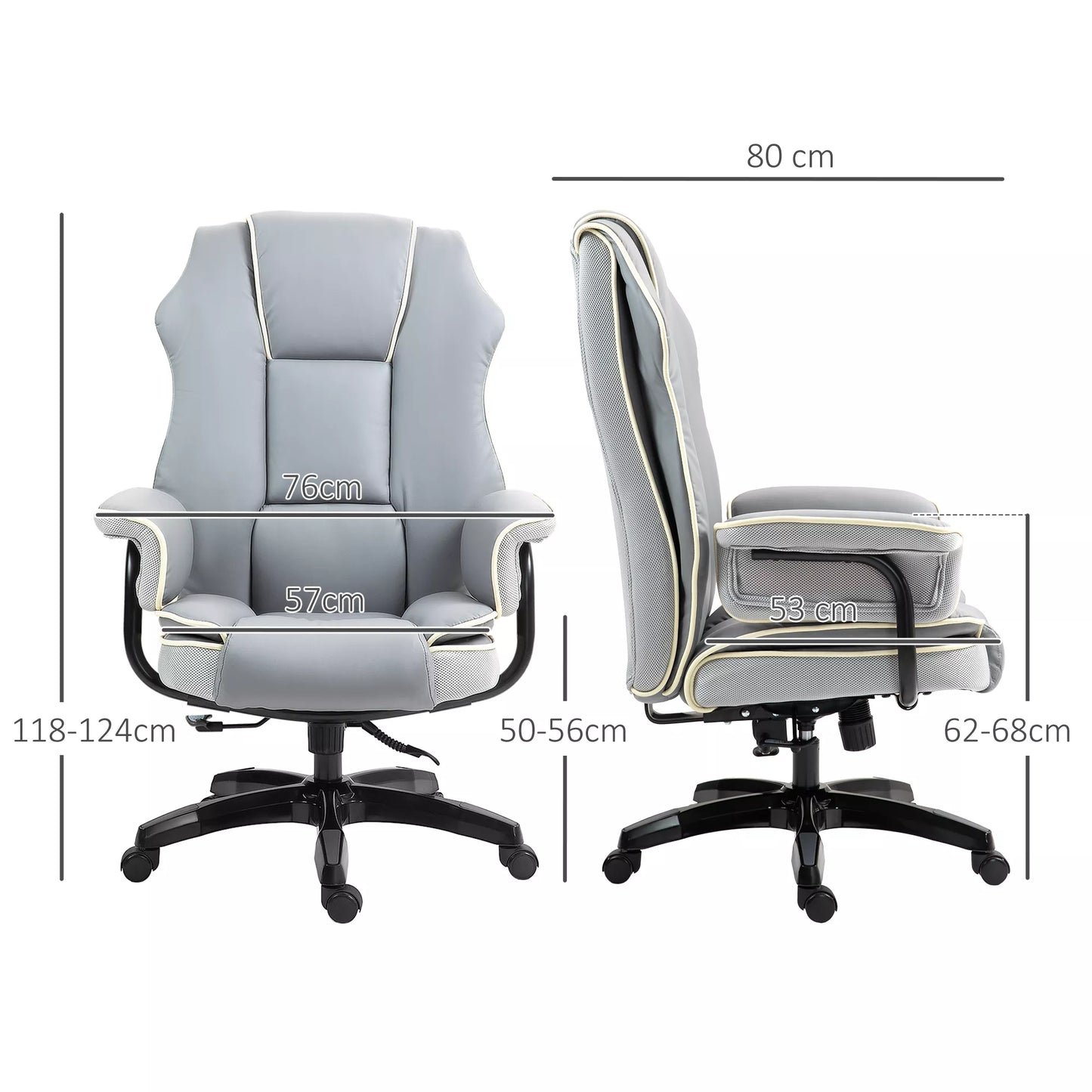 Ergonomiška biuro kėdė, papildomai paminkštinta, su atlošiama funkcija, dirbtinė oda, 76x80x118-124 cm, šviesiai pilka