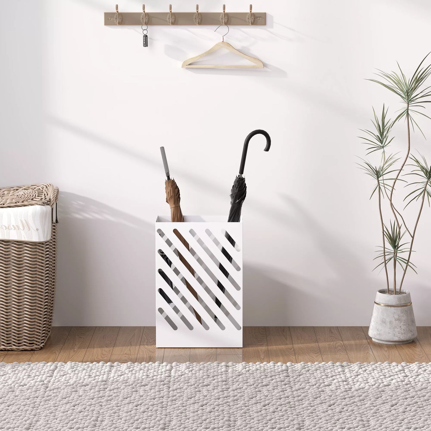 Stovas skėčiams su lašų surinkimo padėklu, 4 kabliukai, plienas, 28 ilg. x 14 plot. x 41 aukšt. cm, balta