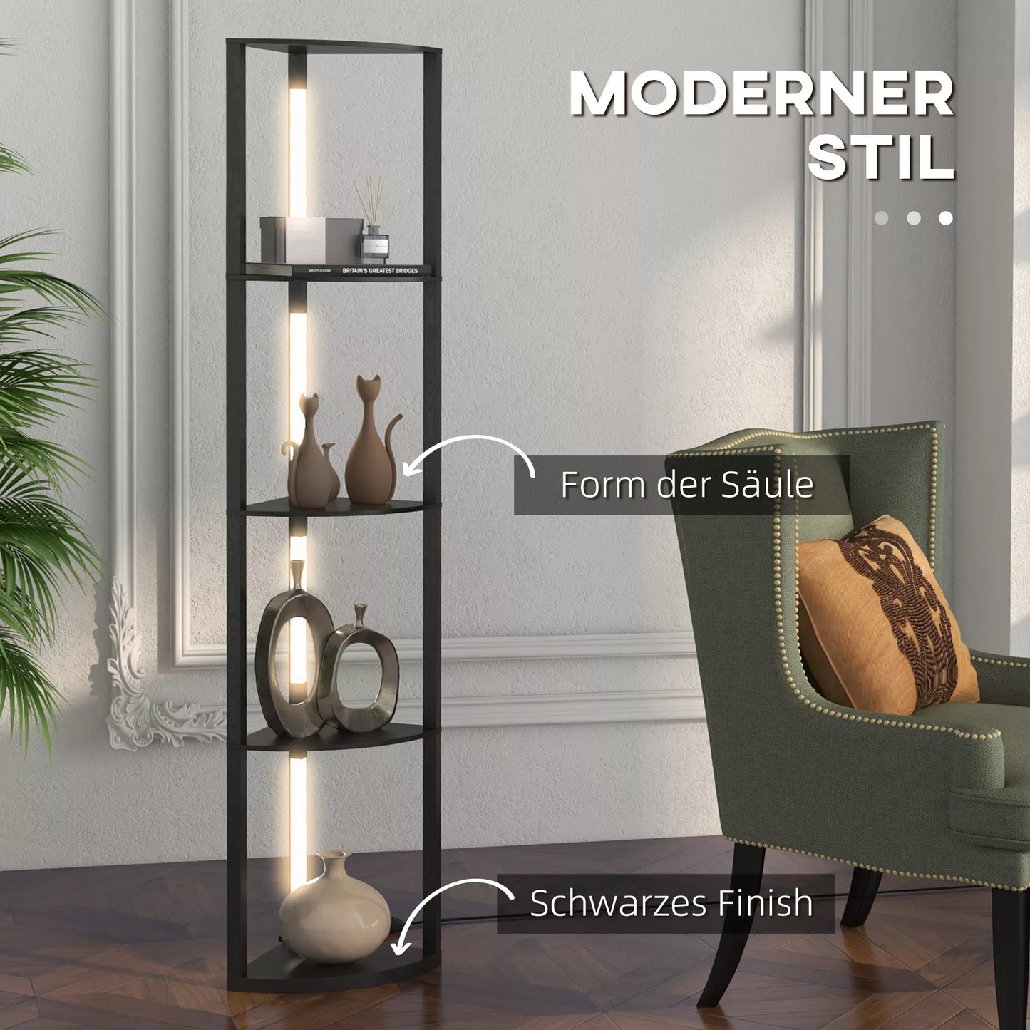 LED toršeras, kampinė lentyna, su reguliuojamu ryškumu, 4 lentynos, šilta balta šviesa, 41x30x164cm, juoda