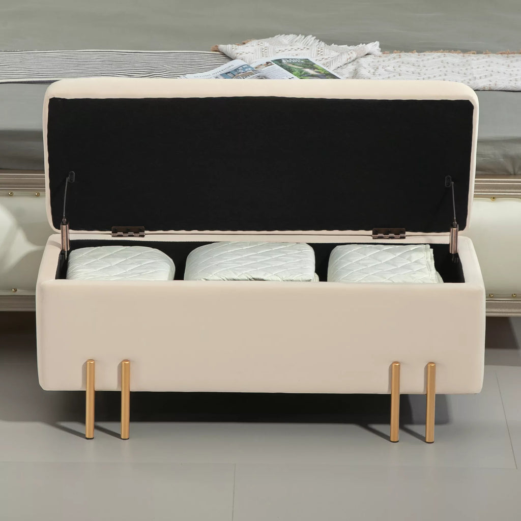 Sėdimoji sofa su daiktų laikymo vieta, skrynia, putplastis, metalas, kaučiuko medis, 100 x 40 x 42 cm, smėlio spalvos