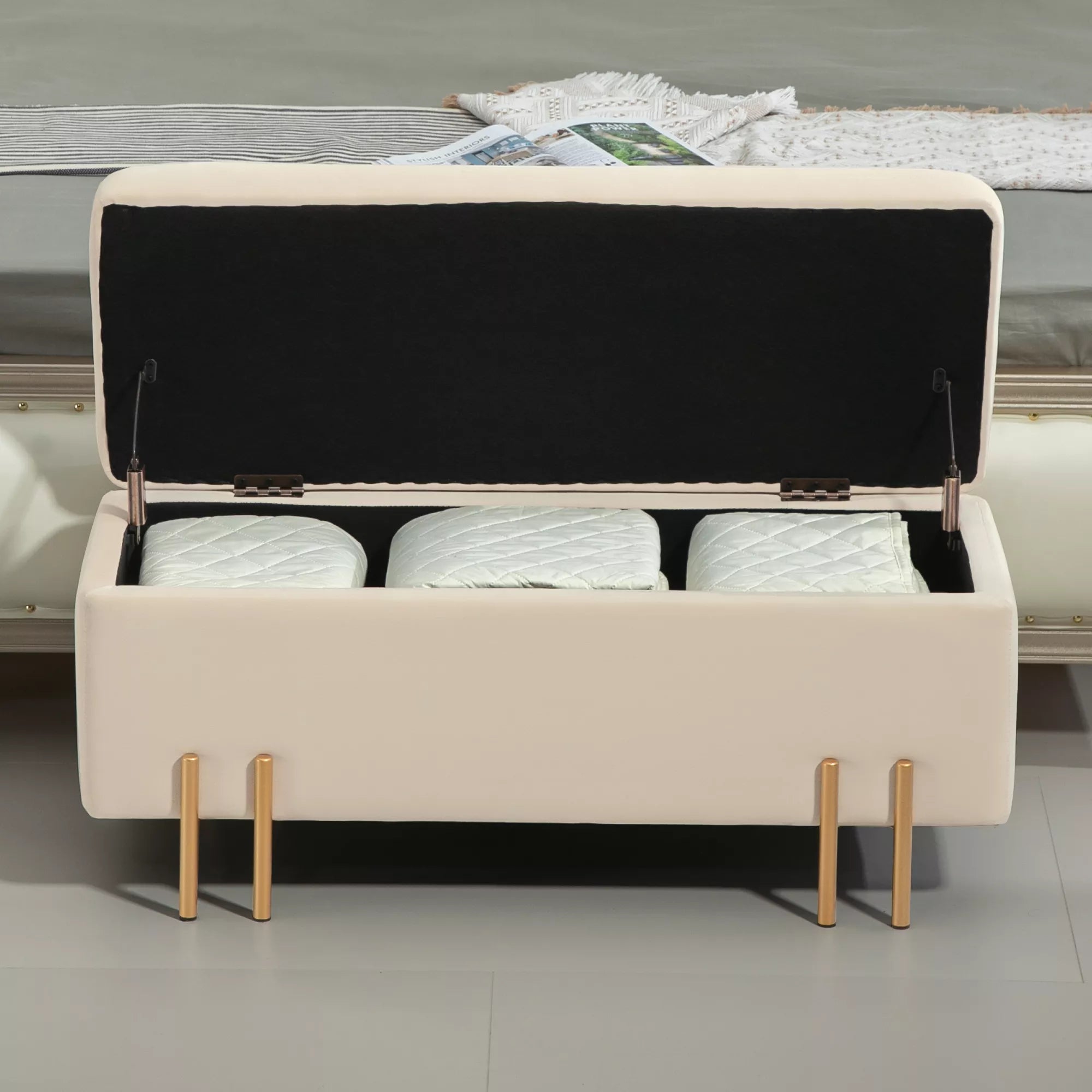 Sėdimoji sofa su daiktų laikymo vieta, skrynia, putplastis, metalas, kaučiuko medis, 100 x 40 x 42 cm, smėlio spalvos