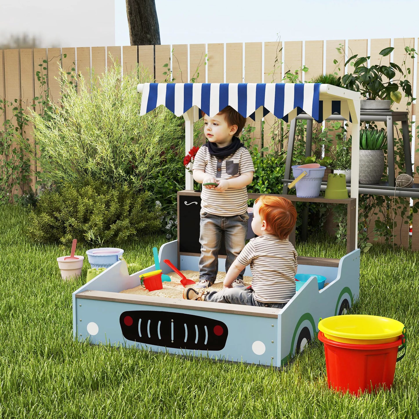 Smėlio dėžė su stogeliu, parduotuvėlės dizainas, suolas, piešimo lenta, eglės mediena, 104 A x 108 L x 90 P cm, mėlyna