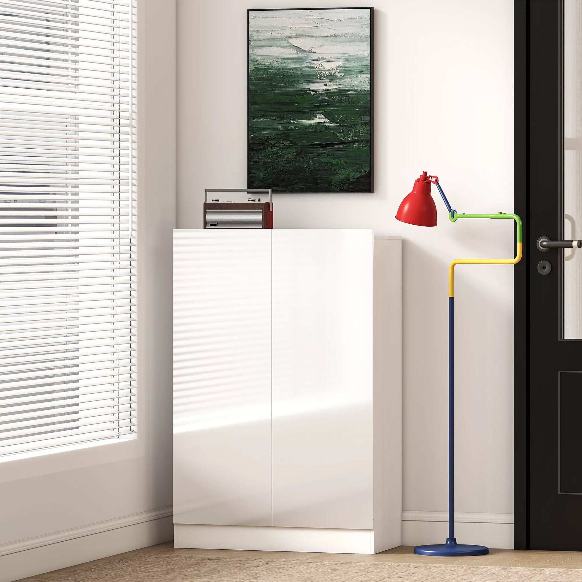 5 pakopų batų spintelė 20 poroms batų, reguliuojamos lentynos, skirta prieškambariui, koridoriui, medinė, balta