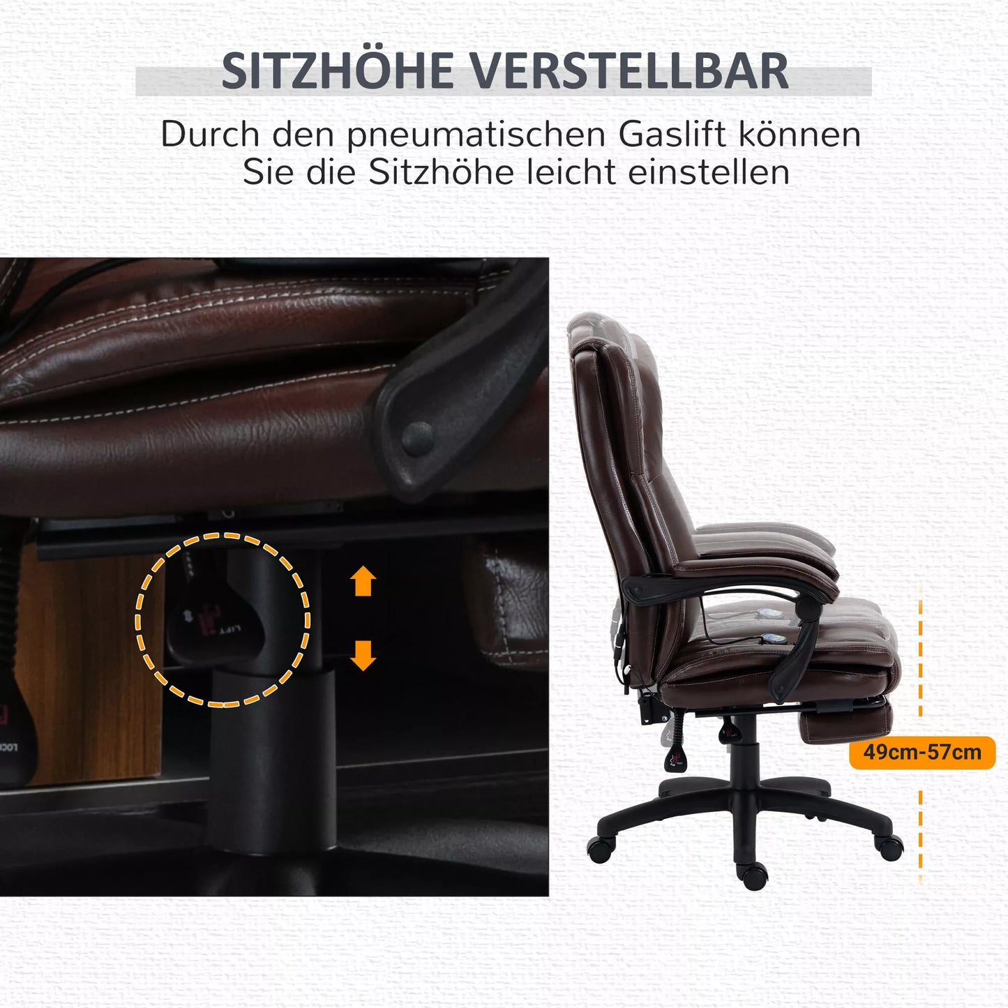 Reguliuojama pasukama kėdė su kojų atrama, galvos atrama, masažo funkcija, dirbtine oda, 68,5x68,5x113-121cm, ruda