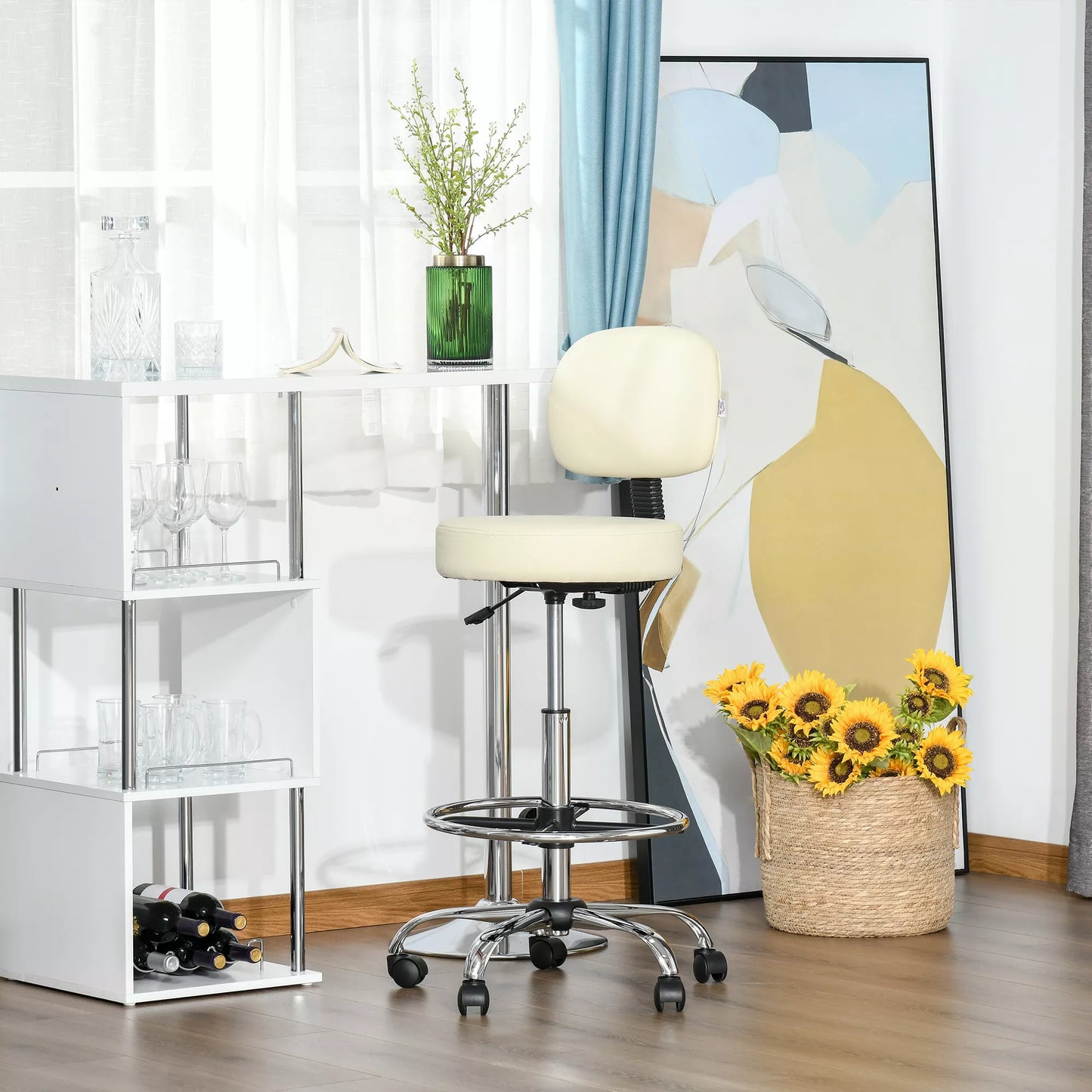 Aukščio reguliavimo baro kėdė su ratukais, 360° pasukama, su atlošu, paminkštinta, iš dirbtinės odos, smėlio spalvos 56 x 57 x 104-127 cm