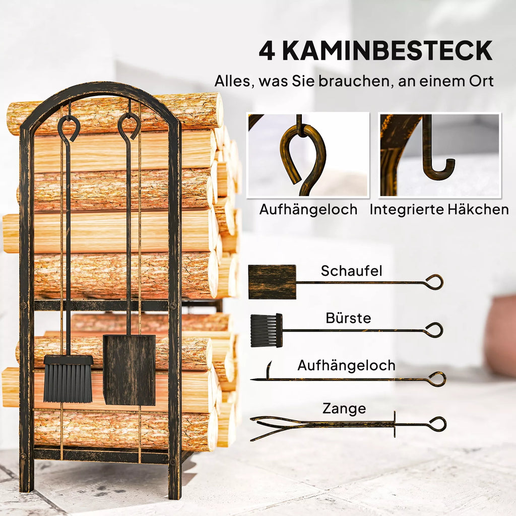 Kaminwood shelf for indoor use 43 x 30 x 74 cm 2-tier firewood shelf with 4 fireplace tools, hooks