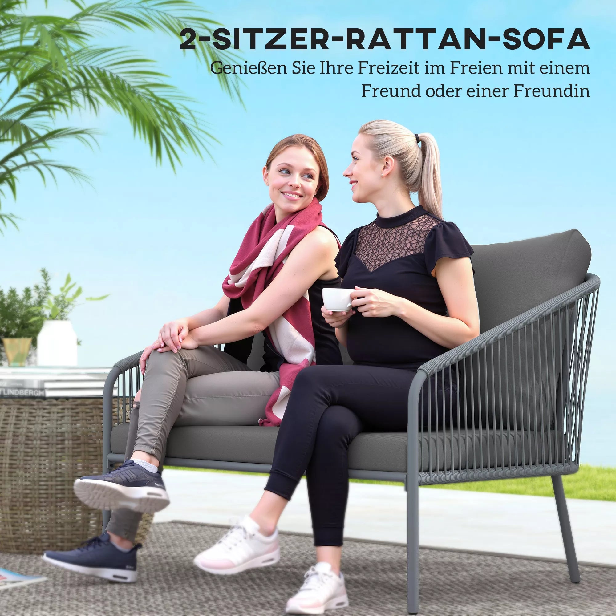 Sodo sofa su pagalvėlėmis 2-vietė rotango sofa Poilsio sofa Lauko balkono sofa 112 x 72 x 76 cm Pilka