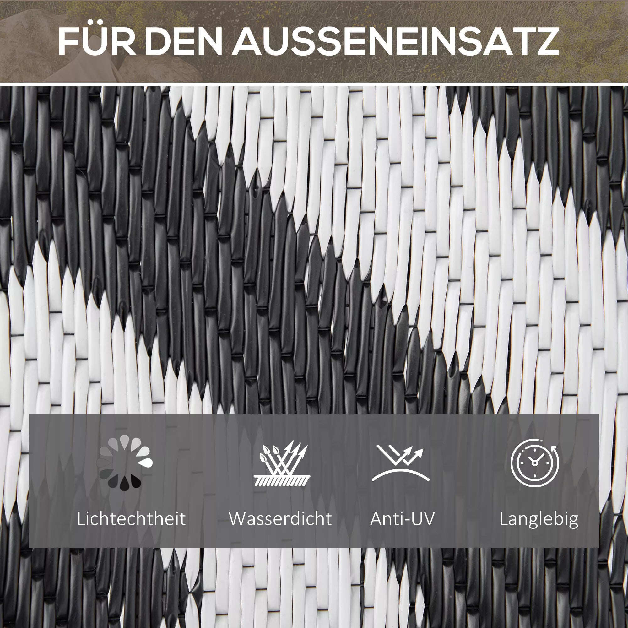 Lauko kilimas, tinkamas naudoti abiejose pusėse, patvarus, kraštai apsaugoti nuo išsiplėšimo, juodas ir baltas, 152 x 243 cm