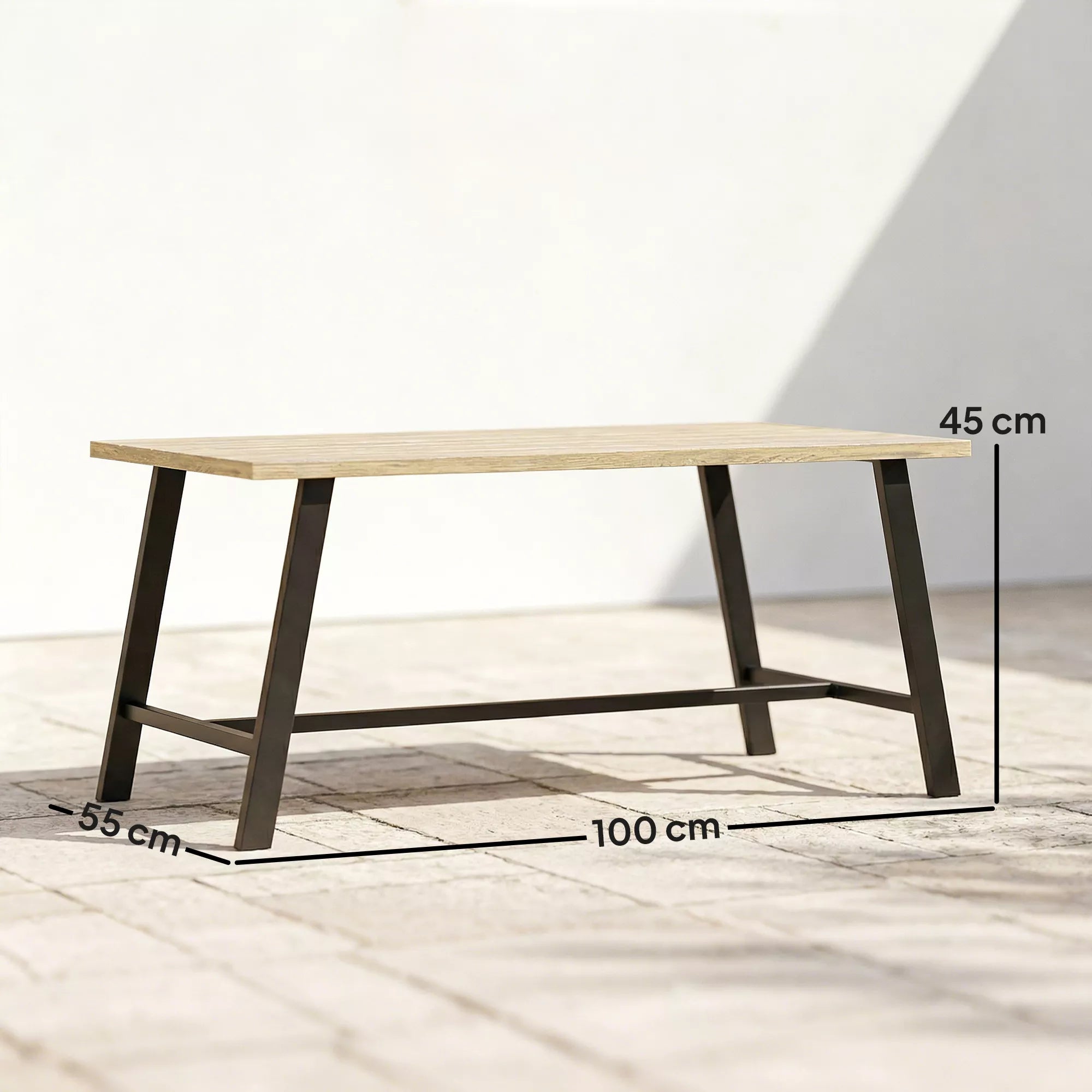 Lauko staliukas, stačiakampis metalinis staliukas su medžio imitacijos stalviršiu, 100 x 55 cm, rudas