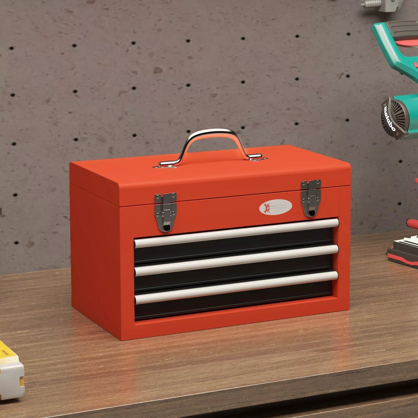 DURHAND įrankių dėžė su 3 stalčiais, 1 skyriumi, tvirtu plieniniu užsegimu, 45 x 24 x 27 cm, raudona