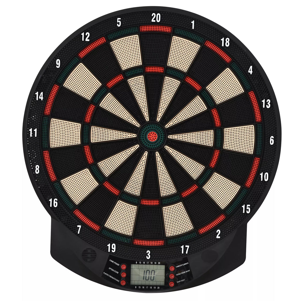 Elektroninis dartų taikinys su automatiniu taškų skaičiavimu Dartboard Dart-set su 6 dartais 30 dartų galvutėmis 26 žaidimais ir 185 taškų variantais 8 žaidėjams Garso efektai Juodas 44 x 39,5 x 2,2 cm