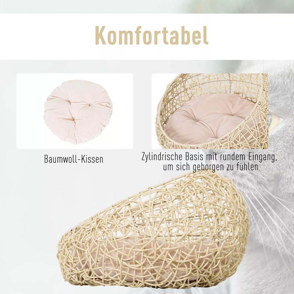 Katės lova iš rotango, katės namelis su pagalvėle, katės krepšys, šuns lova, katės miego vieta, šuns namelis, gyvūno lova katėms ir šunims, smėlio spalvos, Ø56 x 35 cm