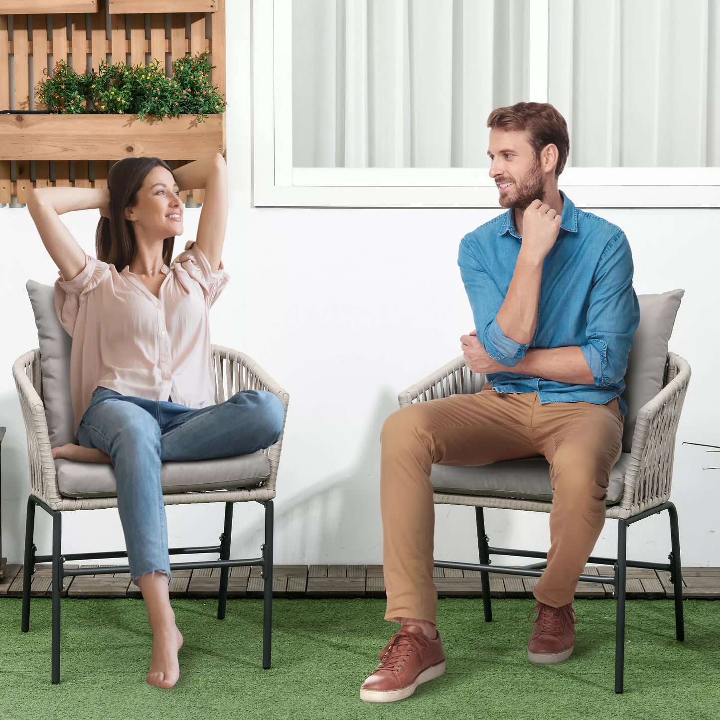 Lauko kėdžių komplektas (2 vnt.), Boho stiliaus, su patogiu sėdimuoju kaušu, pagalvėlėmis ir skalbiamu užvalkalu, metaliniu rėmu, smėlio spalvos.