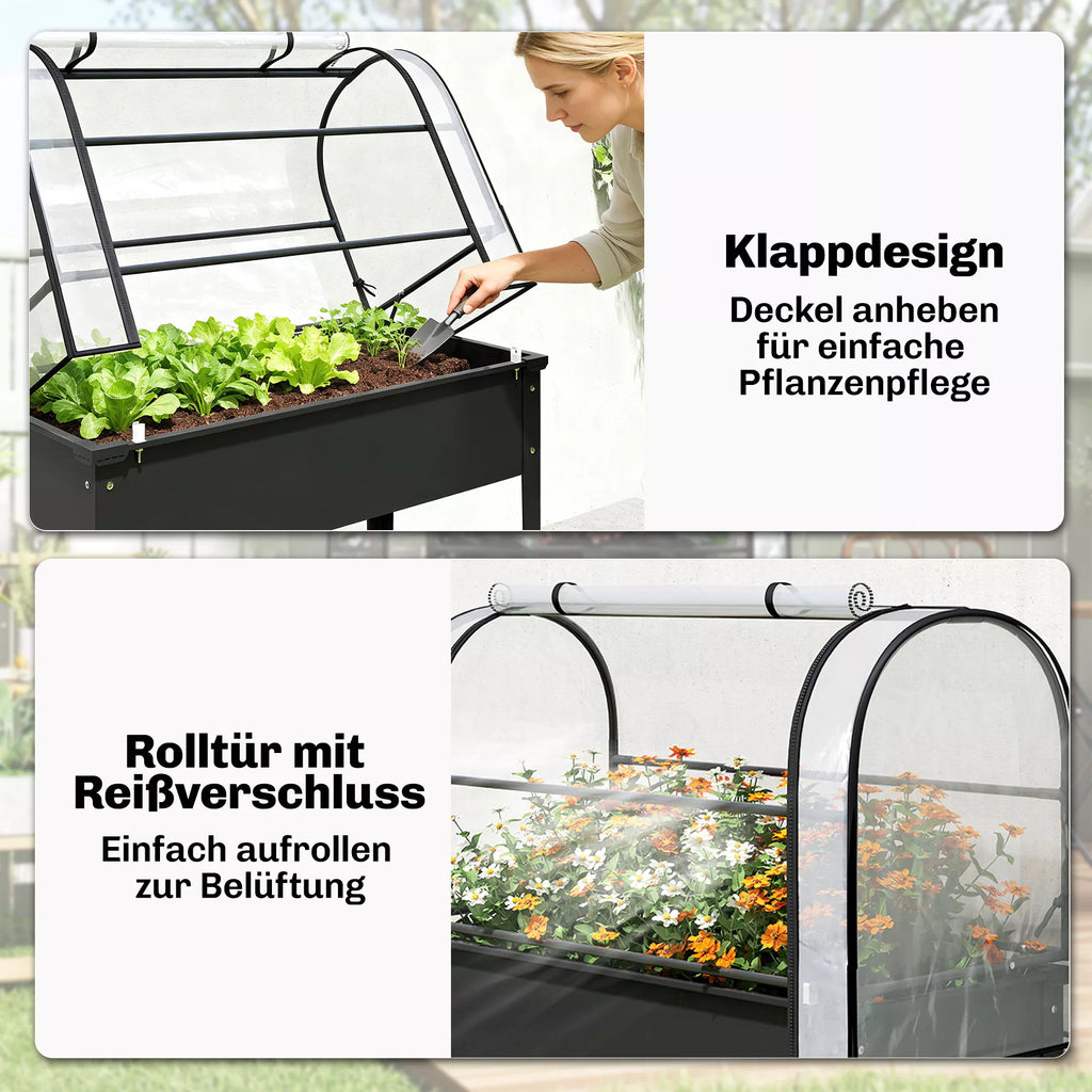 Aukšta pakelta metalinė lysvė su permatoma šiltnamio danga 100x49x136 cm – juoda