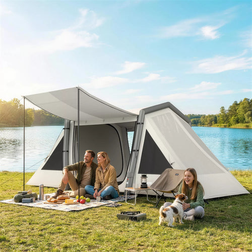 Pripučiama palapinė 4 asmenims. Greitai surenkama lauko palapinė kempingui su 2 miegamaisiais, prieškambariu ir langais