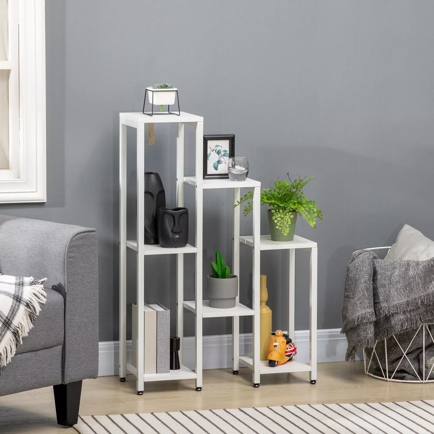 Augalų stovas, 7 pakopos, skirtas vidaus ir lauko erdvėms, plieninis, baltas, 65 x 23 x 94,5 cm
