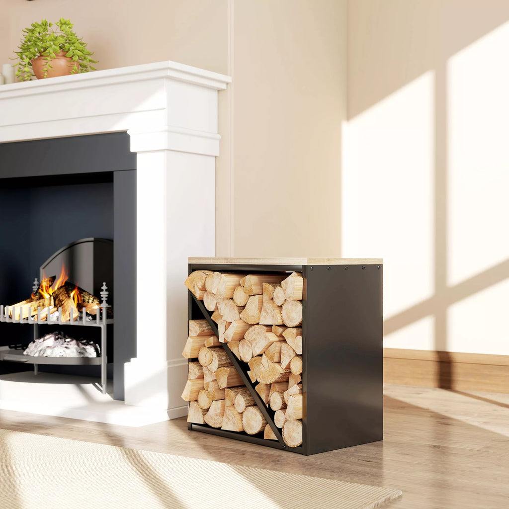 2-in-1 vidinė malkinė 58 x 36 x 60cm paaukštintas malkų stovas su pertvara Metalinis Juodas