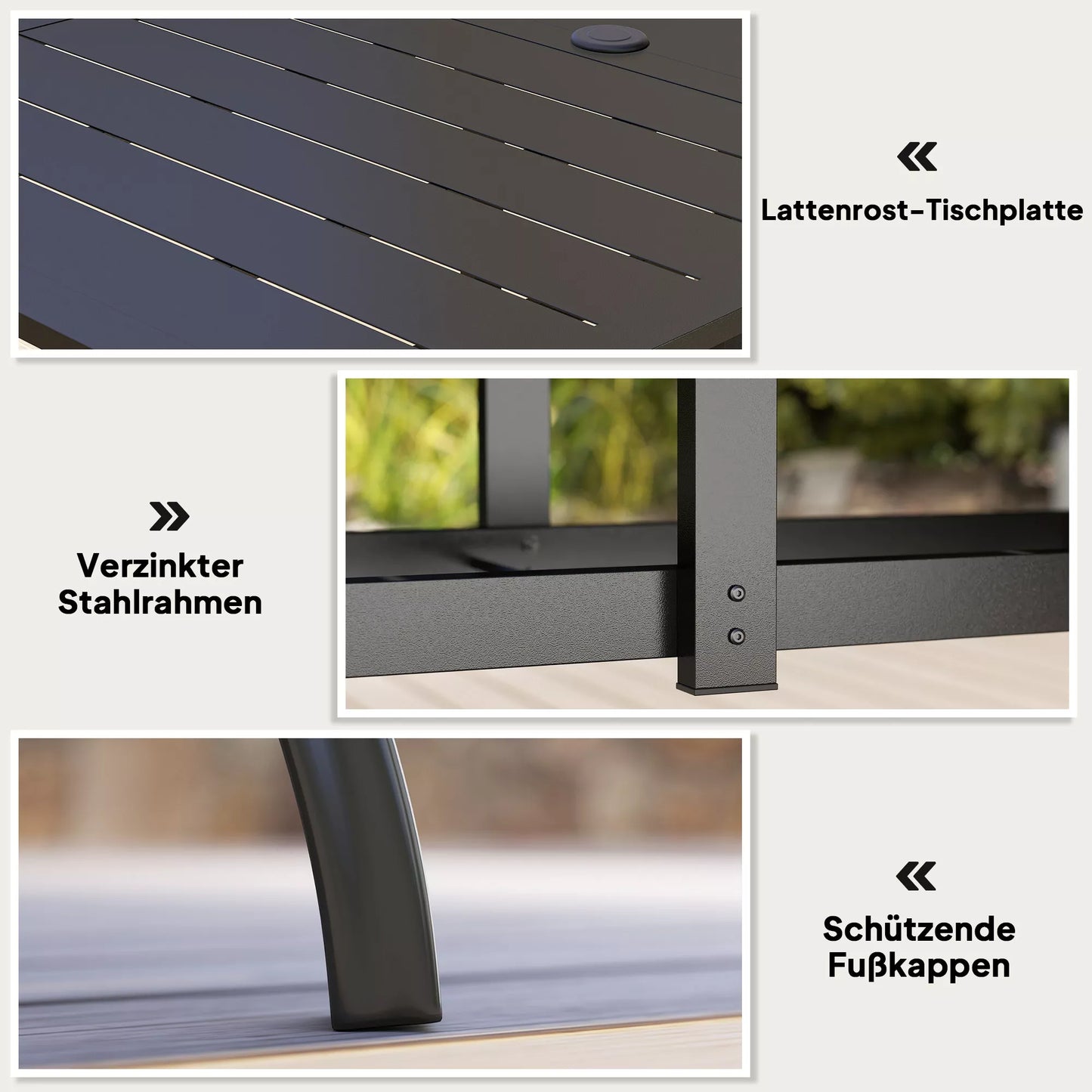 Sodo stalas 150x90 cm, atsparus oro sąlygoms, balkono stalas su skėčio anga, lamelinis dizainas, 6 žmonėms, juodas