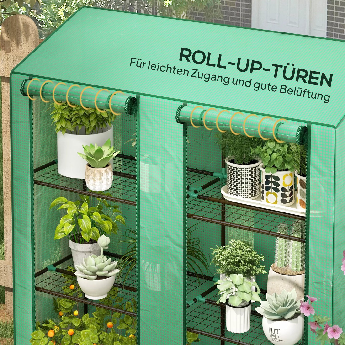 Mini šiltnamis, 3 aukštų, 6 vieliniai stelažai, 2 angos, plastikinė danga, žalias