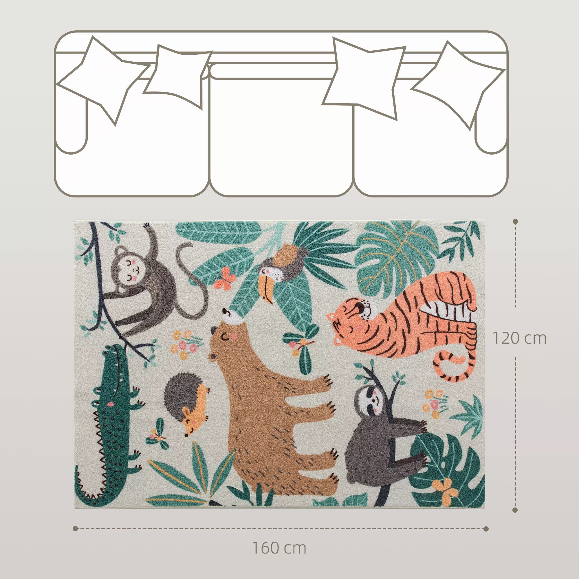 Fleece kilimas su džiunglių raštu, lengvai prižiūrimas, kreminės baltos spalvos + spalvotas