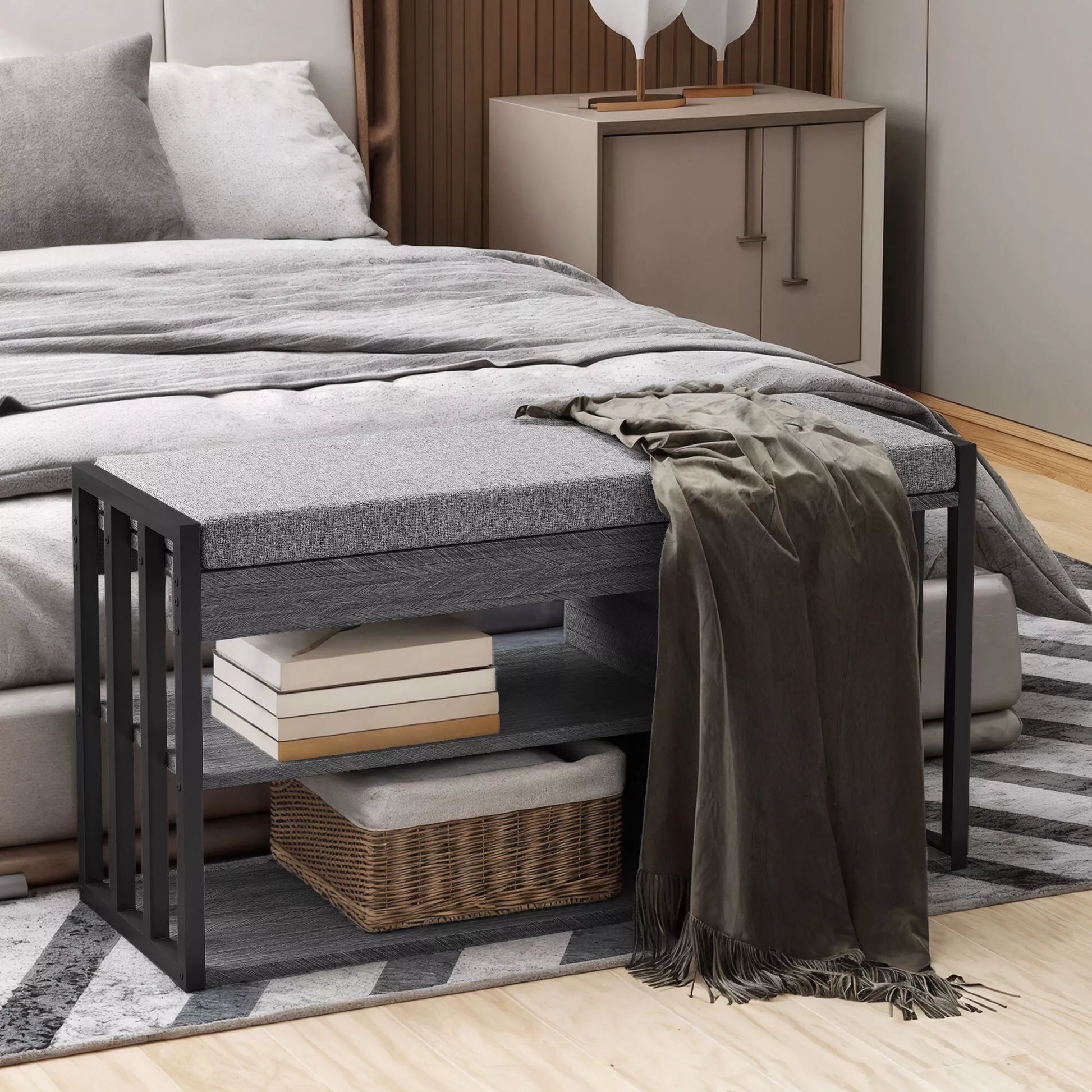 Batų lentynos su suoliuku, batų lentynos prieškambariui, batų spinta su 3 pakopomis, prieškambariui, įėjimo zonai, svetainei, miegamajam, pilkos spalvos