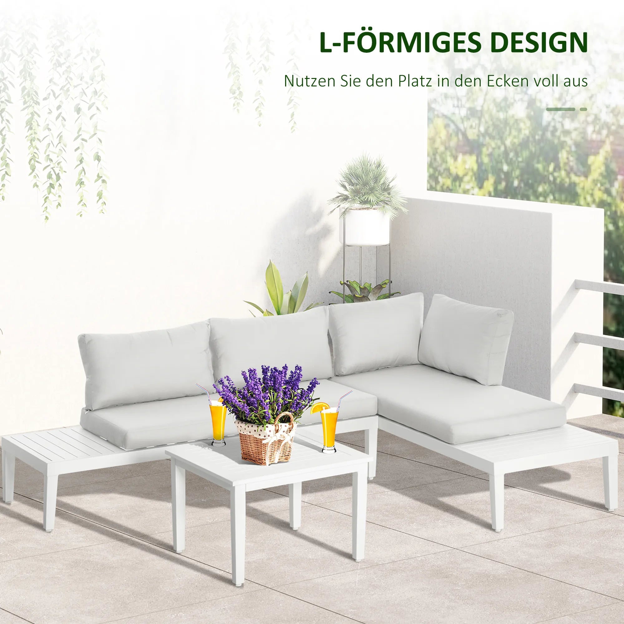 Lauko baldų komplektas 3 asmenims su šoniniu staliuku, L formos sofa su pagalvėlėmis, aliuminio, kreminės baltos spalvos