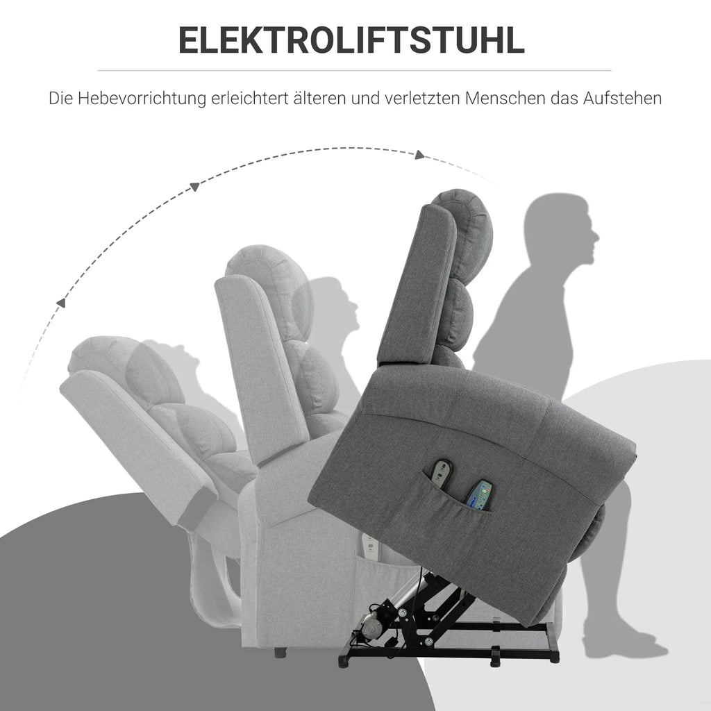 Elektrinis atsisėdimo fotelis, masažinis fotelis su šildymo funkcija, fotelis su pagalba atsisėsti, poilsio fotelis su nuotolinio valdymo pultu, linas, pilkas, 90 x 91 x 106 cm