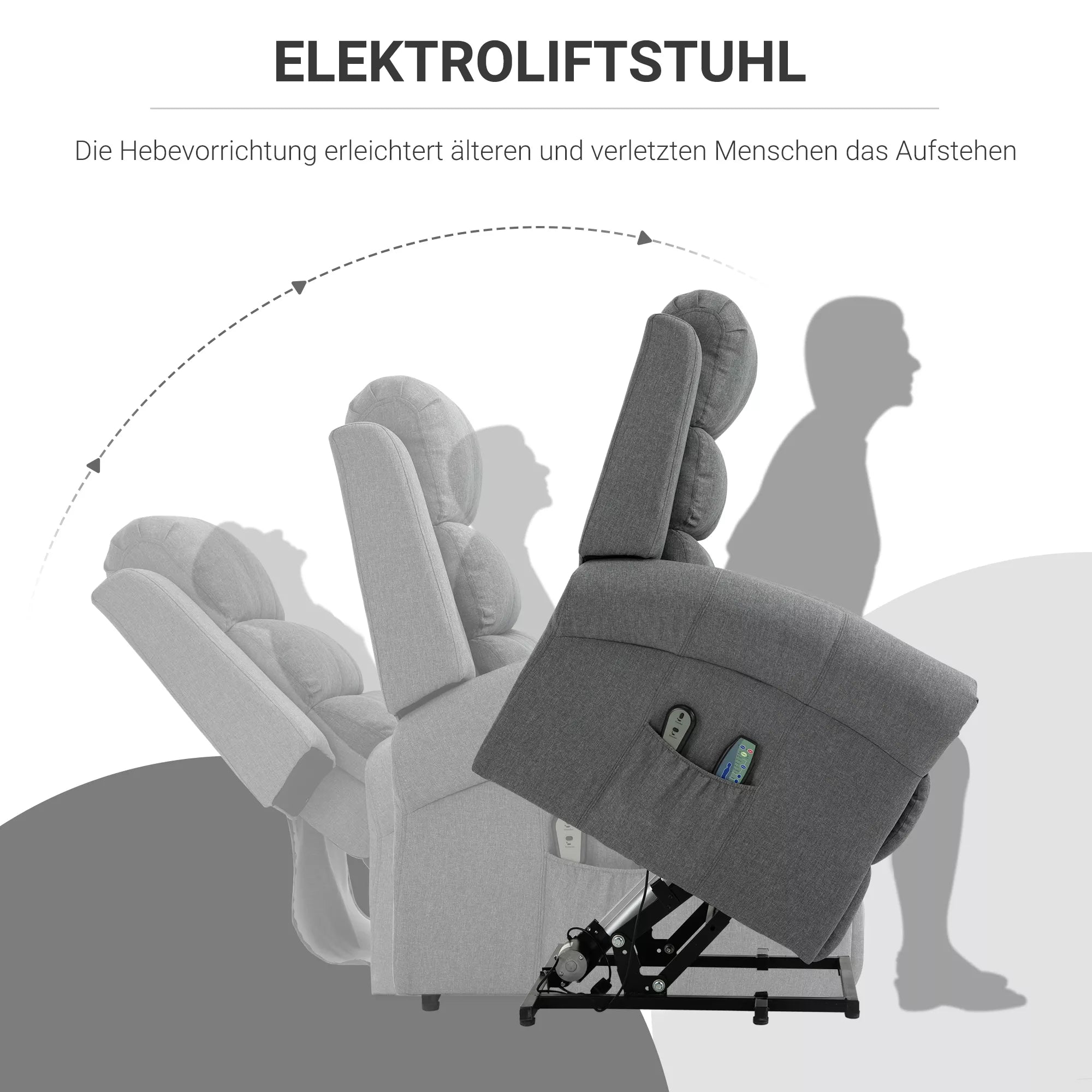 Elektrinis atsisėdimo fotelis, masažinis fotelis su šildymo funkcija, fotelis su pagalba atsisėsti, poilsio fotelis su nuotolinio valdymo pultu, linas, pilkas, 90 x 91 x 106 cm