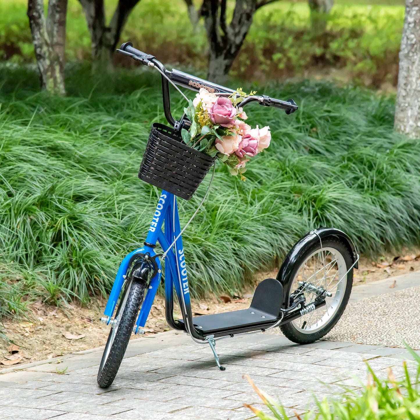 Vaikų paspirtukas, paspirtukas su stabdžiais, su krepšeliu, reguliuojamas aukštis, skirtas vaikams nuo 5 iki 12 metų, mėlynas + juodas