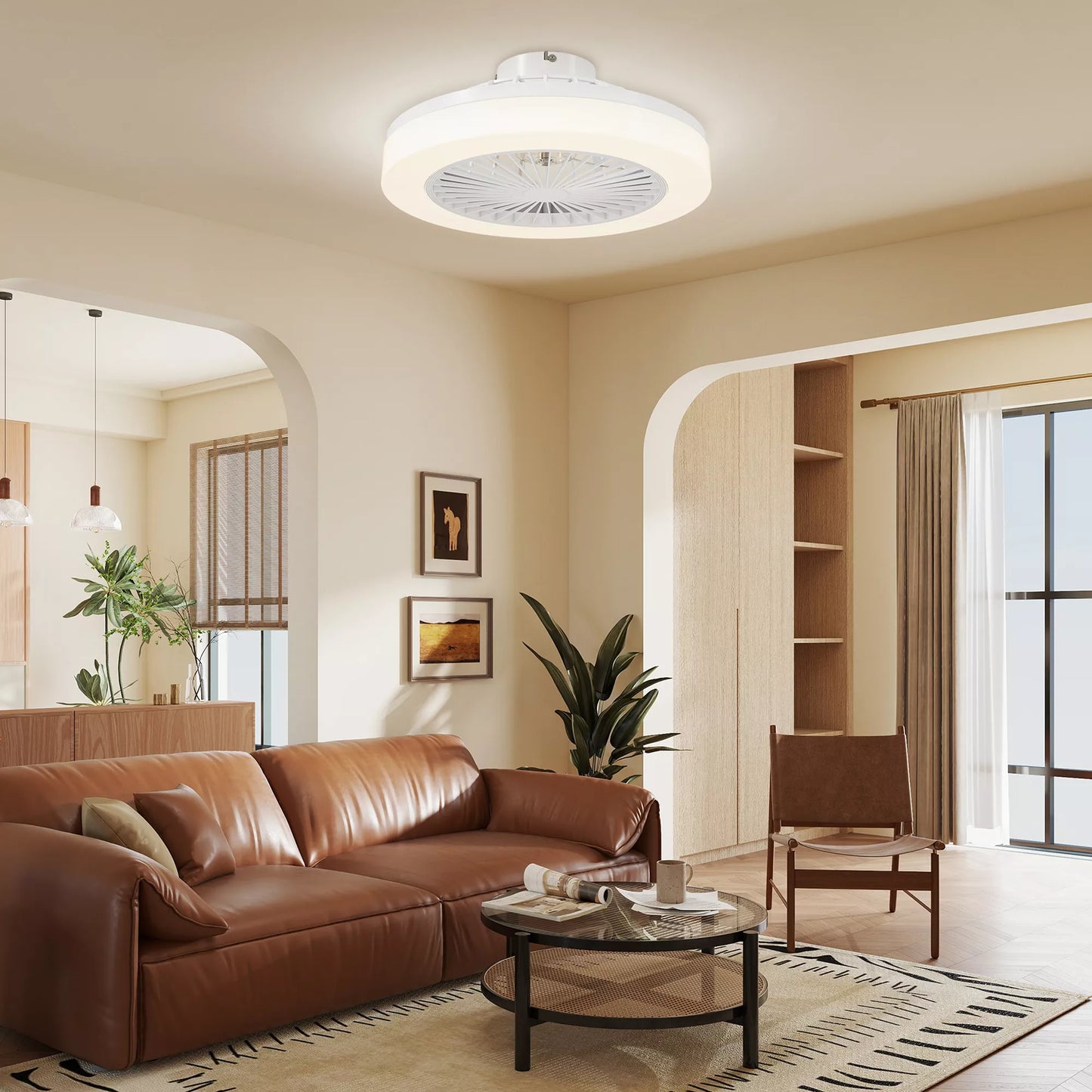 Lubų ventiliatorius su LED lempa, 6 greičiai, nuotolinio valdymo pultas, baltas