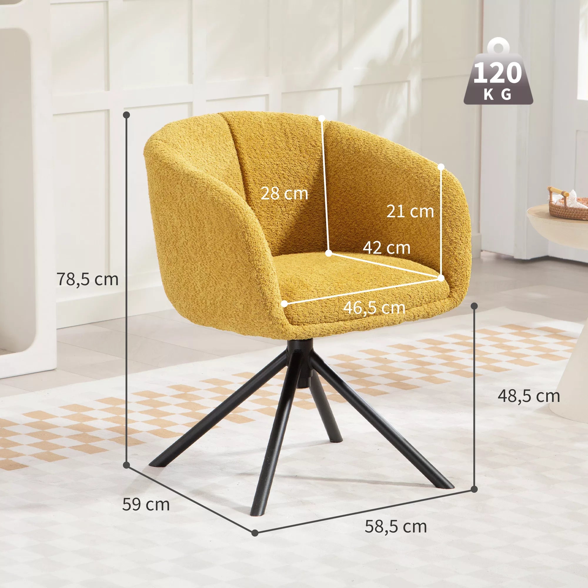 Fotelis, minkštas krėslas su patogia sėdimoji dalimi, pasukamas, minkštas apmušalas, iki 120 kg, geltonas