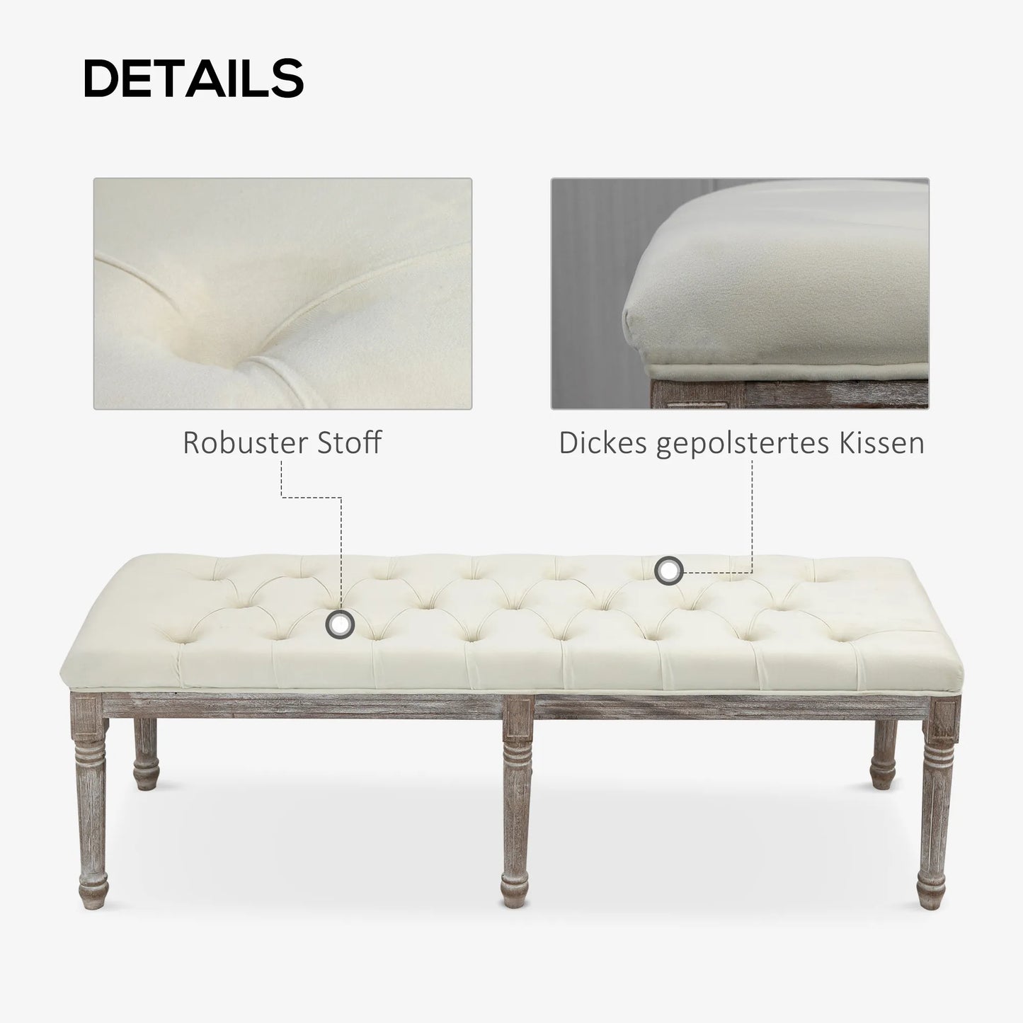 Minkšta suolelė Vintage lovos suolelis su sagomis Švelnus liesti Guminis medis Smėlio spalvos 142 x 47 x 51 cm