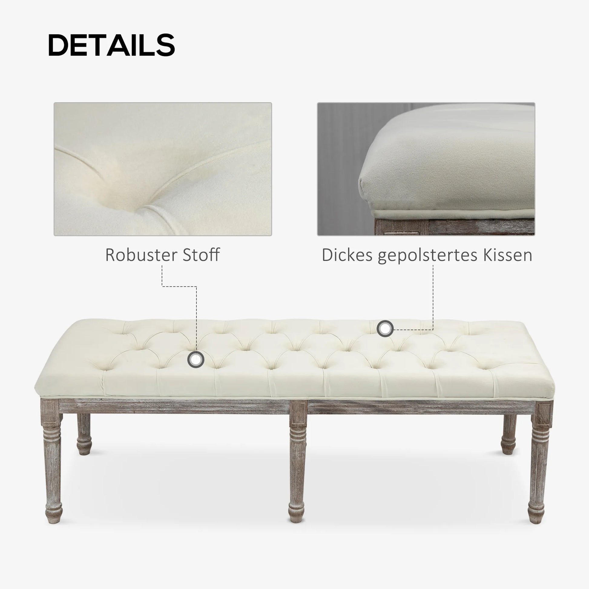 Minkšta suolelė Vintage lovos suolelis su sagomis Švelnus liesti Guminis medis Smėlio spalvos 142 x 47 x 51 cm