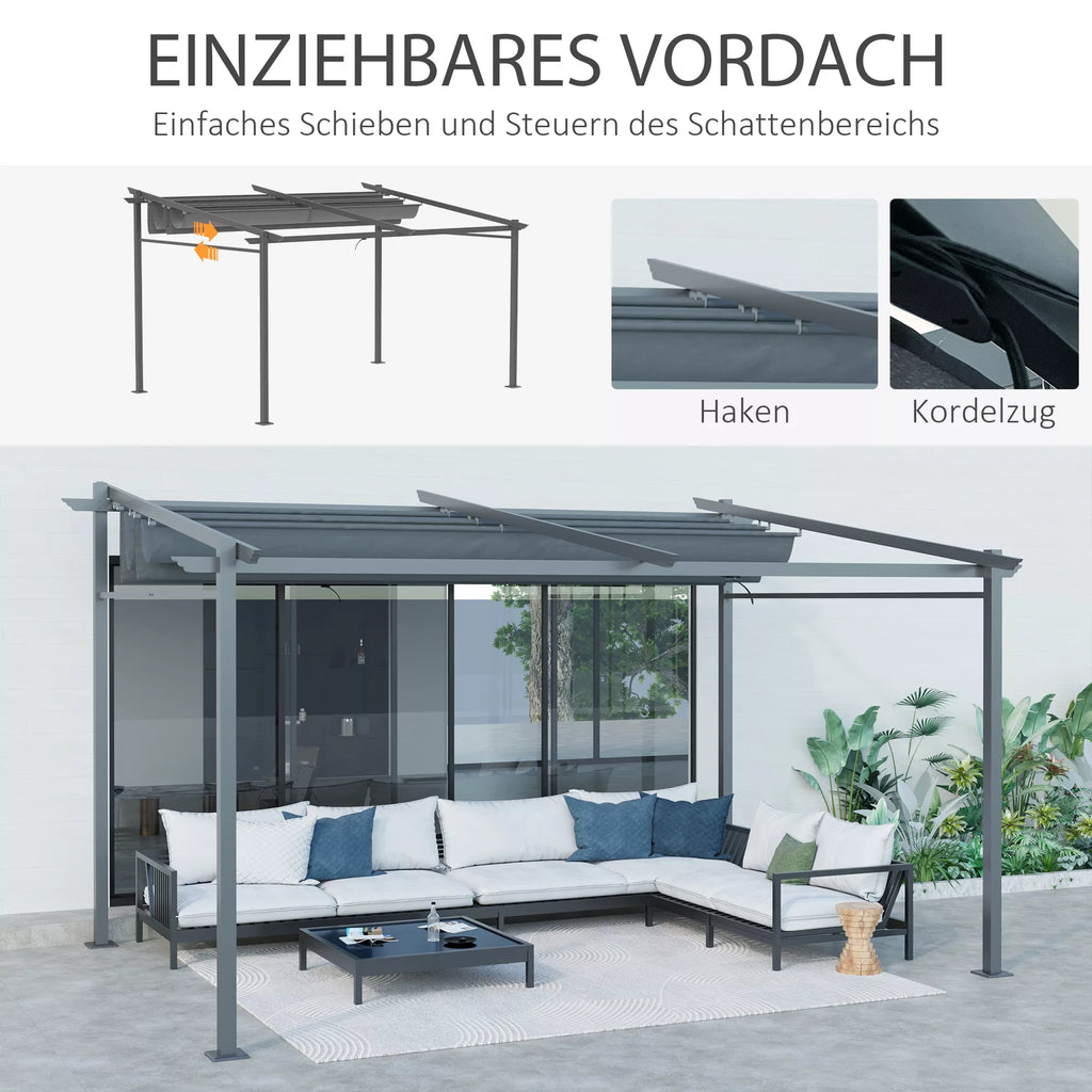 Pergola, su tvirtinimo elementais, ištraukiamas stogas, 3,97 m x 2,95 m x 2,3 m, tamsiai pilka