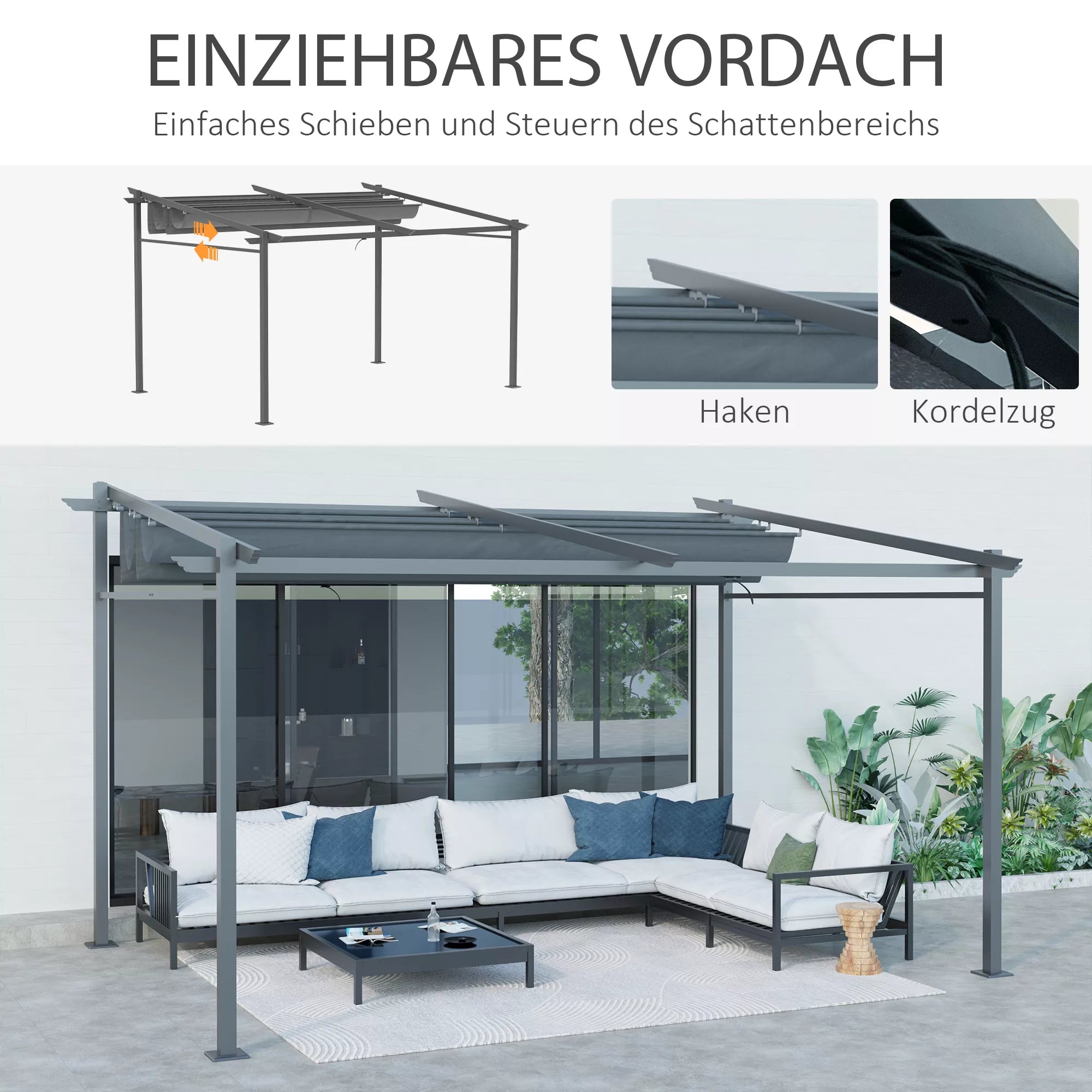 Pergola, su tvirtinimo elementais, ištraukiamas stogas, 3,97 m x 2,95 m x 2,3 m, tamsiai pilka