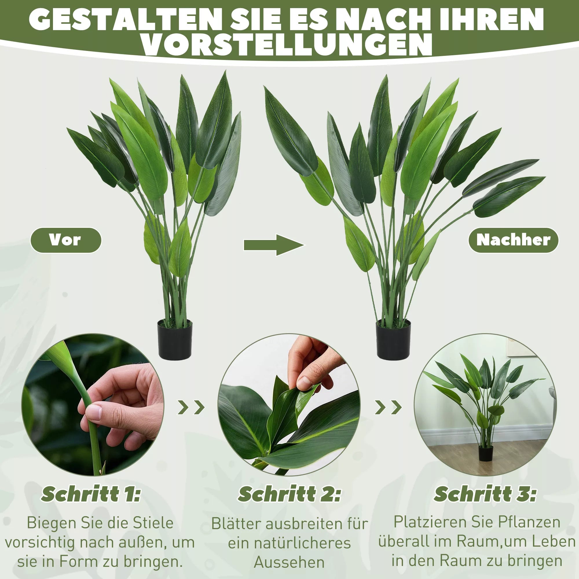 Dirbtinis augalas, dirbtinis augalas, cementinis vazonas, 18 lapų, plastikas, žalia