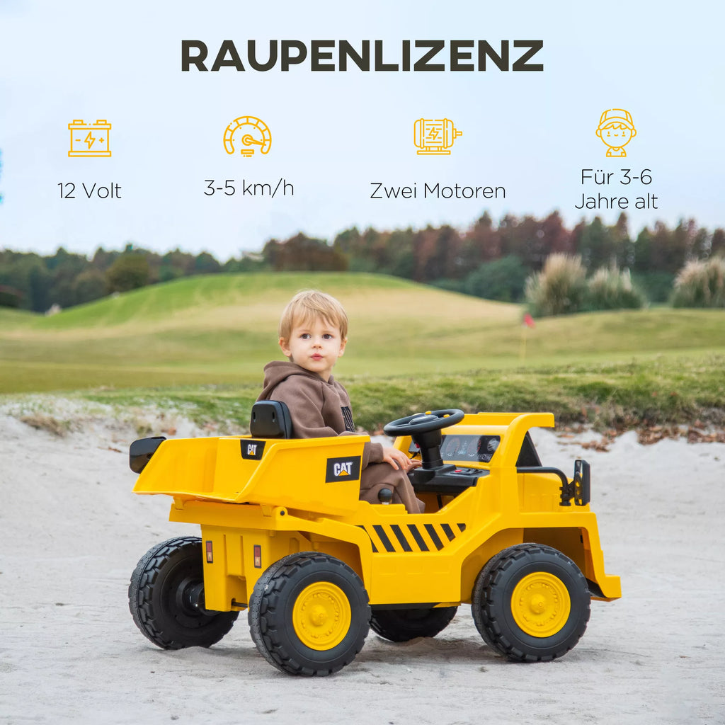 Elektrinis vaikų ekskavatorius, Caterpillar savivarcis, 3–5 km/h, su nuotolinio valdymo pultu, 3–6 metai, geltonas