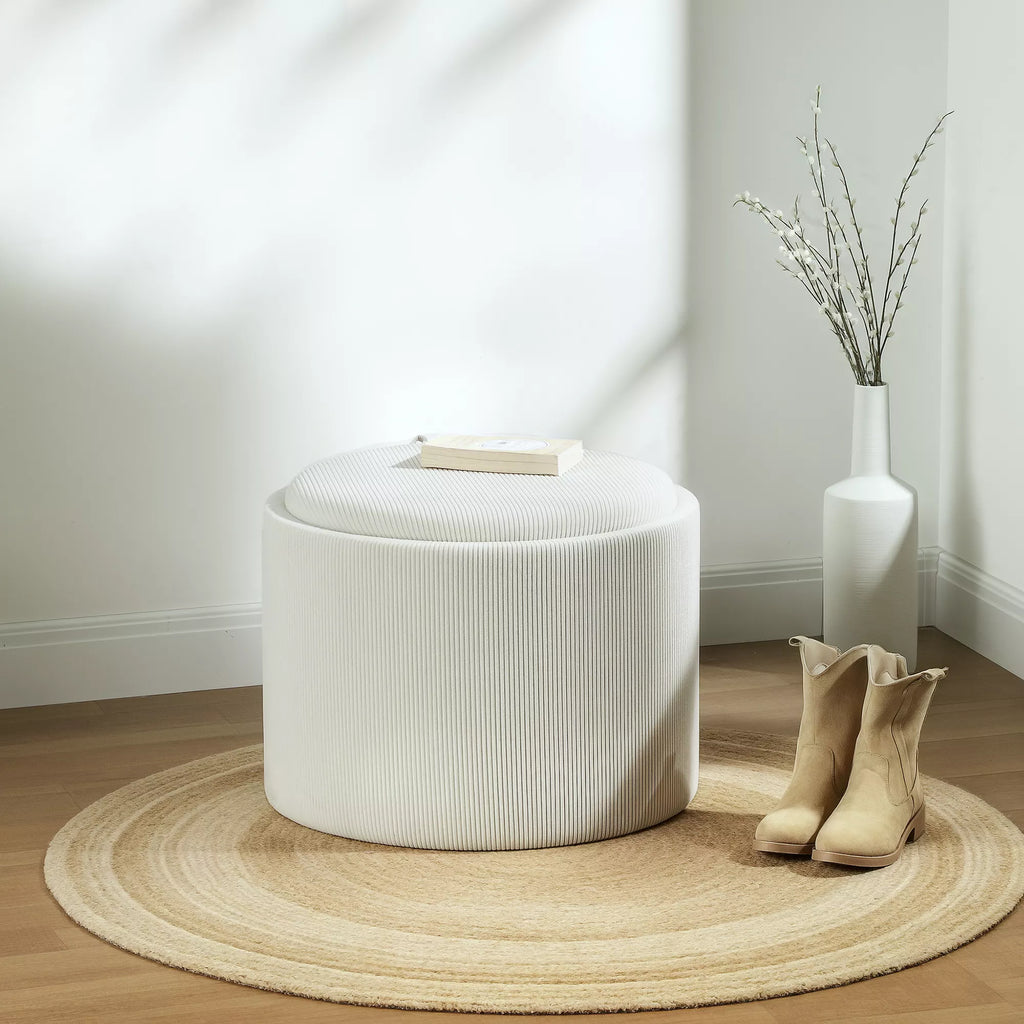 Sėdimoji dėžė su saugojimo vieta, apvali, kojų atrama, velvetas, MDF, kreminė balta