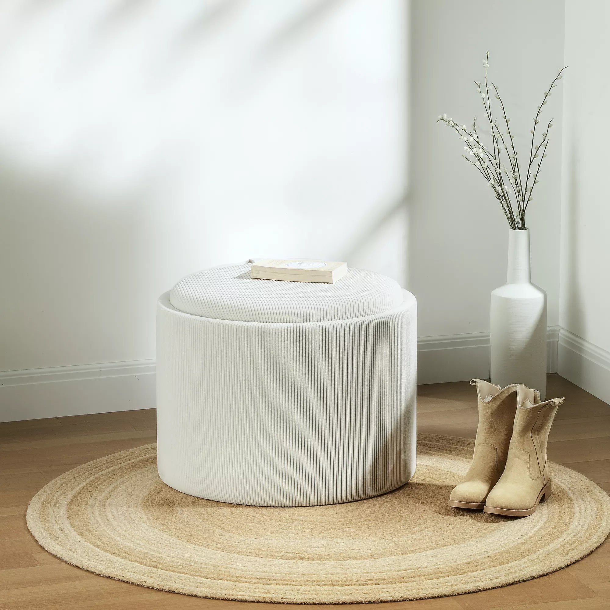 Sėdimoji dėžė su saugojimo vieta, apvali, kojų atrama, velvetas, MDF, kreminė balta