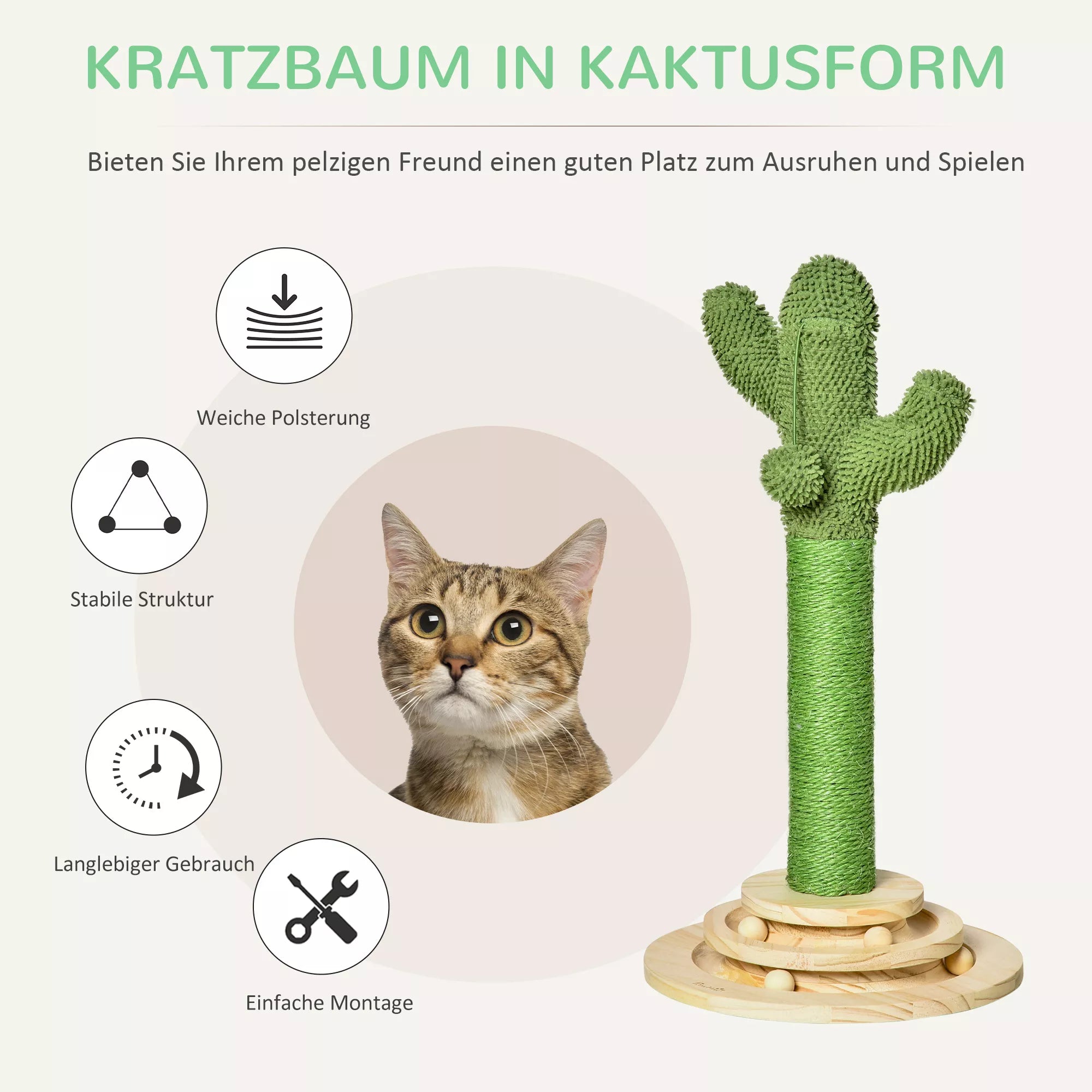 Katės braižymo medis Kaktusas Katės medis Pušies mediena Sizalio virvė Braižymo kamienas su mediniu kamuoliuku-žaislu katėms 60 cm aukščio Žalias+natūralus