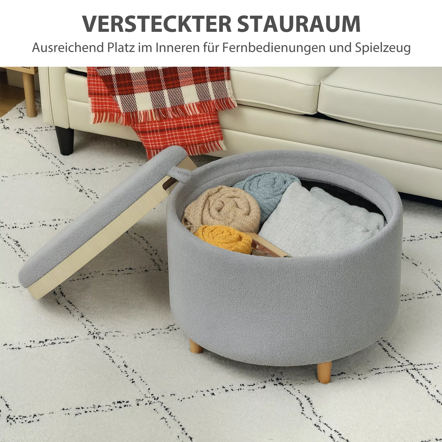 Pufas, Teddy vilnos audinys, paslėpta daiktadėžė, apverčiamas dangtis, 56 cm x 56 cm x 42 cm, Pilkas