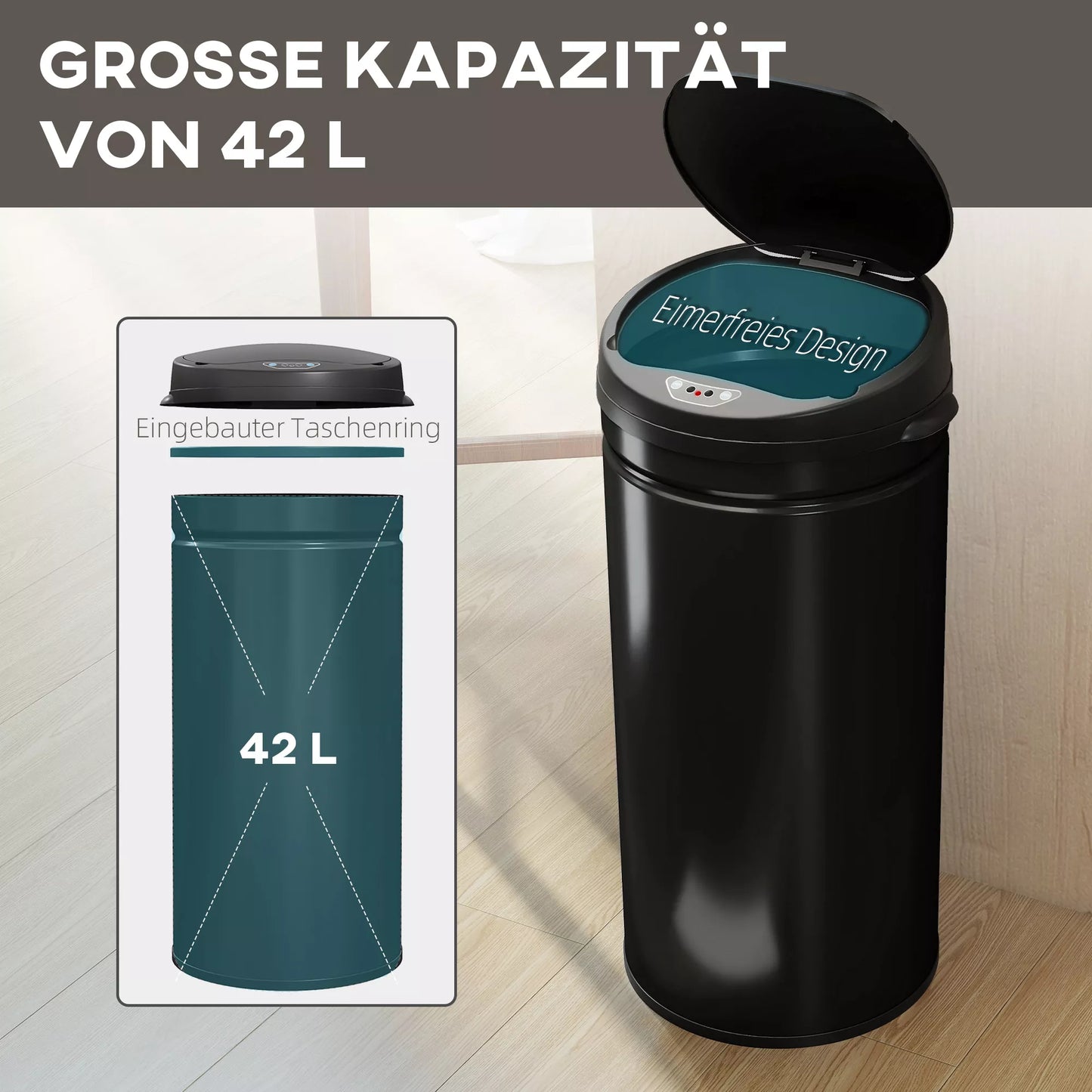 42 litrų sensorinė šiukšliadėžė su švelnaus užsidarymo funkcija, nerūdijančio plieno, be kontakto, higieniška virtuvės šiukšliadėžė